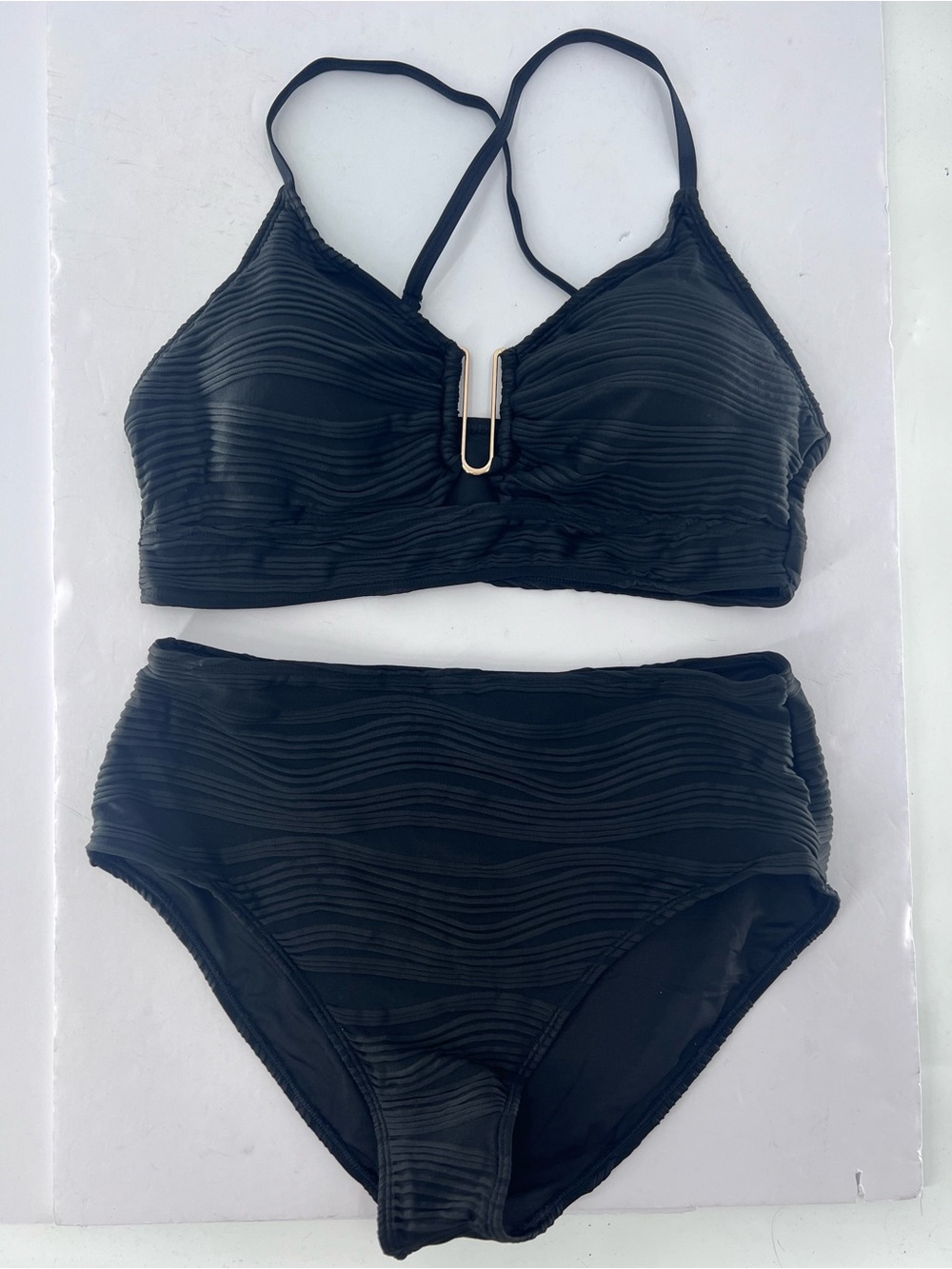 2 Piece Black Bikini Set U-Wire Cutout Swimsuit High Waisted Textured size XL - Picture 5 of 11